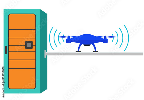 A drone docks with a locker station, showcasing automated delivery. Modern, clean design with clear wireless signal lines. Ideal for tech and logistics visuals.