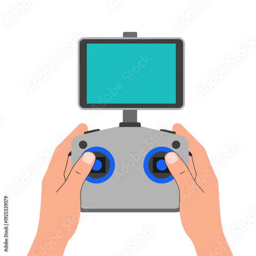 A drone operator controls a drone via a remote tech interface. Hands grip the controller, displaying a screen. Modern, clean design.