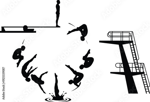 Flat vector illustration silhouette of a diver performing a somersault jump from a high platform into water with splash effect,