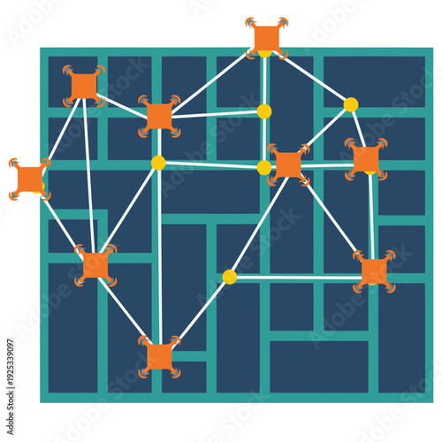 Drones deliver packages through a city grid. A modern, interconnected network showcases efficient delivery routes. Clean, graphic design.