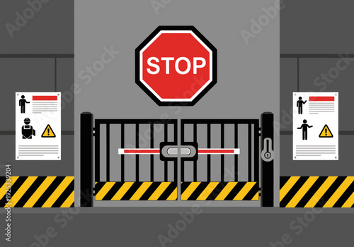 Industrial entry gate with safety lock and warning signs. Stark gray background, black and yellow stripes, clear signage. Professional, secure, and visually impactful.
