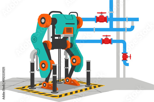 An industrial exoskeleton assists recovery in a factory zone. Modern, robotic design with blue pipes and machinery. Clean, graphic style.