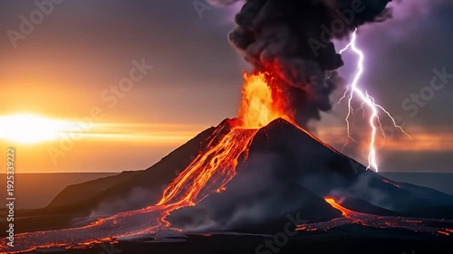 Erupting Volcano at Sunset with Lightning Strikes and Flowing Lava in Dramatic Landscape