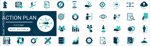 Strategic Roadmap and Action Plan Solid Icon Set Business Execution, Goal, Task, Management, Workflow, Strategy, Process, Professional Vector Editable