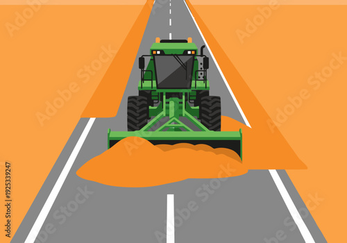 A large tractor clears sand from a highway, creating a clear path. Bright orange background highlights the construction activity. Professional, dynamic image.