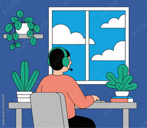 A man works remotely, framed by a window with clouds. He?s wearing headphones and focused on his desk, highlighting the blurred lines between work and life. Modern illustration.