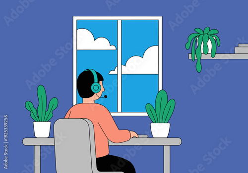 A man works remotely, framed by a window with a cloudy sky. He wears headphones, suggesting a digital connection. A modern, minimalist workspace with plants creates a calm atmosphere.