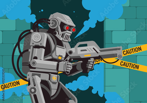 A menacing hydraulic rescue robot in a distressed setting. Caution tape and industrial design create a striking, dynamic image. Perfect for tech, sci-fi, or warning graphics.