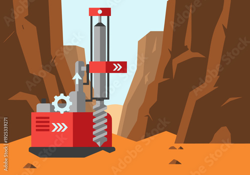A mineral drill operates in a desert landscape, showcasing technological extraction. Bold colors and a modern design create a striking visual.