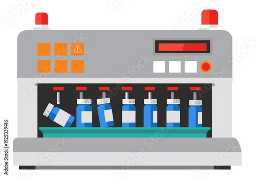 A modern pharma pill sort robot efficiently sorts bottles on a conveyor belt. Clean, bright, and professional design. Ideal for healthcare or automation visuals.