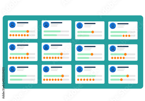 A modern task queue graphic displays multiple asynchronous workflows. Clean, flat design with teal and orange accents. Ideal for illustrating process management and workflow automation.