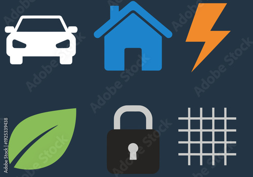 A modern V2H ecosystem icon set featuring a car, house, lightning bolt, leaf, lock, and grid. Clean, flat design for commercial use.