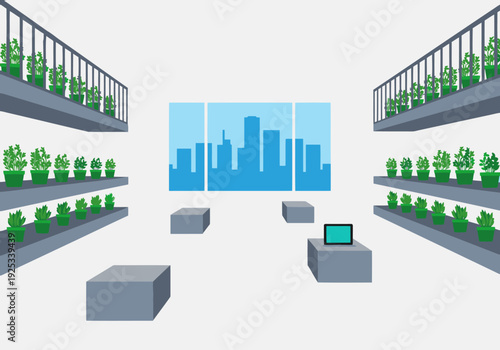 Modern urban agri-city concept showcases a bright interior with vertical hydroponic gardens overlooking a city skyline. Clean, minimalist design with a focus on sustainable food production.