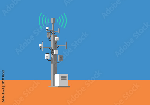 A modern weather station collects data in a desert landscape. The tower features multiple sensors and a clear blue sky.  Ideal for technology, environment, and data visualization.