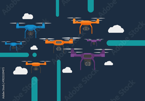 Multiple drones deliver packages against a dark blue sky with fluffy clouds. A modern, dynamic graphic showcasing smart drone fleet logistics.