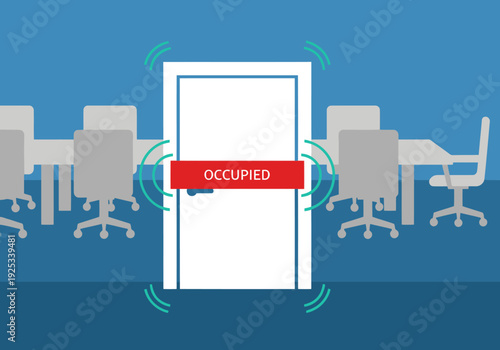 Occupied meeting room displayed with a red ?Occupied? sign and sound waves. Modern office setting with desks and chairs. Clear safety status indicator.