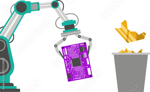 A robotic arm retrieves a circuit board from a waste bin, showcasing e-waste recovery and data. Modern, clean design with a dark background.