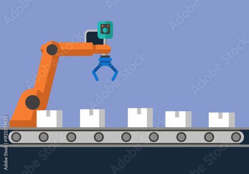 Robotic arm sorts packages on a conveyor belt. Modern warehouse automation technology. Clean, flat design illustration.