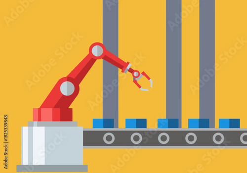 A robotic arm swiftly sorts components on a fast assembly line. Modern, industrial design with a focus on speed and efficiency. Clean, bright, and dynamic.