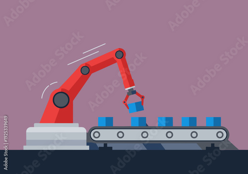 A robotic arm swiftly sorts items on a conveyor belt. Dynamic lighting highlights the fast assembly line. Modern industrial design.