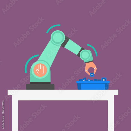 A robotic arm sorts small parts on a table. Clean, modern illustration. Ideal for automation and manufacturing concepts.