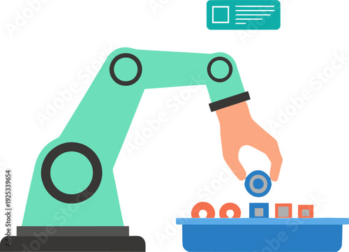 A robotic arm sorts small parts on a conveyor belt. Modern, clean design. Ideal for automation and manufacturing concepts.