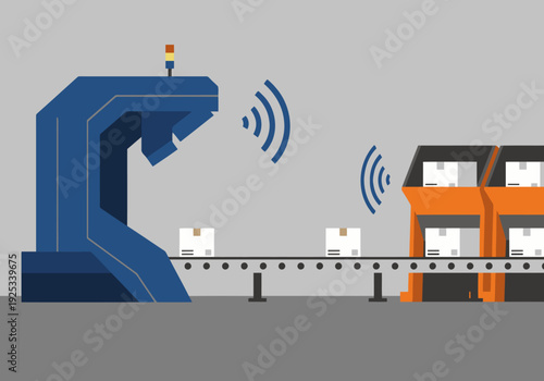 A robotic parcel sorting system efficiently handles logistics. Modern, bright illustration showcasing automation and speed. Ideal for tech and business visuals.