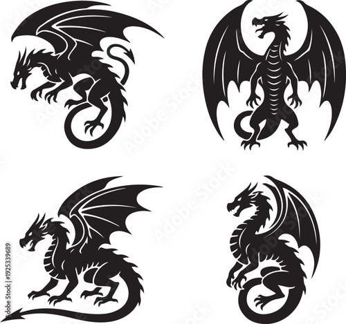Four black silhouette dragons on white background