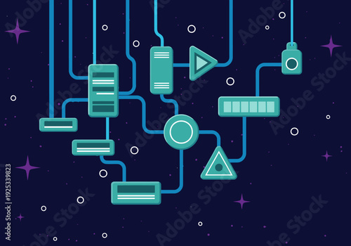 stylized futuristic tech illustration showcases asynchronous workflows with interconnected components Bold teal lines and geometric shapes create a modern dynamic design