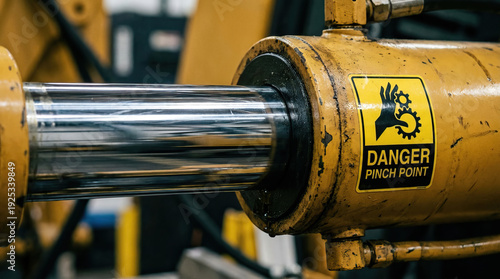 Wallpaper Mural Hydraulic cylinder with yellow warning sign indicating danger pinch point on industrial machinery, showing metal piston rod and mechanical equipment in factory setting Torontodigital.ca