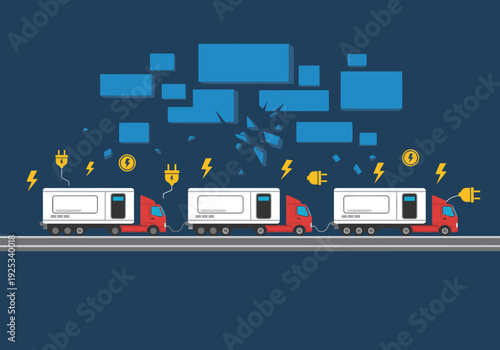 Trucks receive power from disaster relief generators. A dynamic illustration showcasing EV relief and energy restoration after a crisis. Modern, bold design.