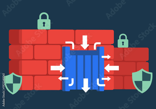 A vibrant cyber firewall illustration protects data with a strong, secure design.  Bold colors and shield icons convey digital safety and data protection. Ideal for tech and security concepts.
