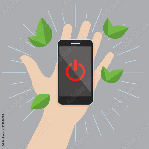 A vibrant graphic depicts a hand switching off a smartphone, symbolizing digital detox.  Bold colors and a modern style promote a safety mode concept. Ideal for wellness and technology themes.