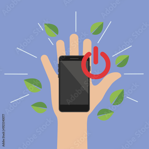 A vibrant hand shields a smartphone with a power button, symbolizing digital detox. Leaf accents evoke nature and calm. ?Digital Detox Safety Mode? text promotes mindful tech use.