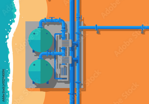vibrant illustration depicts a desert desalination plant showcasing water purification technology Blue pipes connect to large tanks