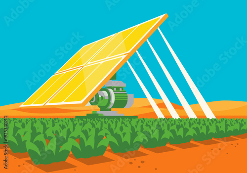 A vibrant solar desert farm with tracking panels and lush vegetation. Modern, clean design showcasing sustainable energy. Ideal for business and environmental themes.