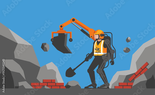 A worker uses an exoskeleton to assist a survivor carrying rocks.  Dramatic rescue scene, highlighting strength and technology.  Clear composition, vibrant colors.