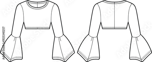Fashionable bell sleeve crop top technical flat, women blouse CAD drawing, garment design template, apparel vector sketch illustration