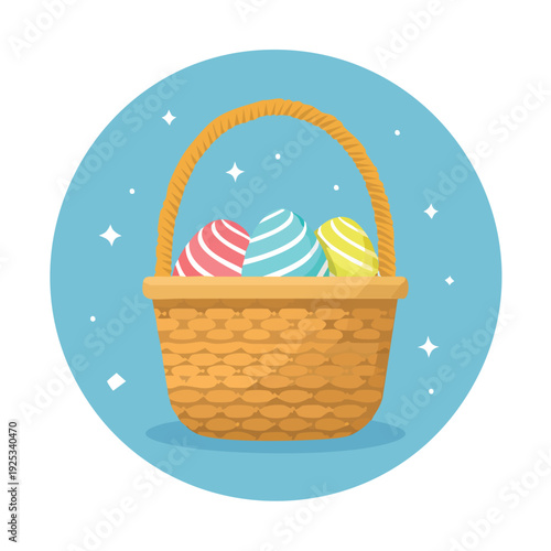 Decorated easter eggs in a wicker basket on a blue background