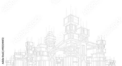 Futuristic Cityscape Architectural Drawing on White Background.