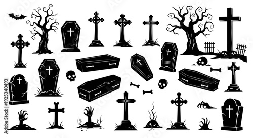 Halloween graveyard elements with coffins tombstones and spooky trees.