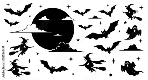 Halloween night silhouettes with witches, bats, ghosts, and full moon.