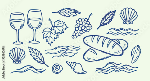 Hand drawn collection of wine glasses, grapes, bread, leaves, and seashells.