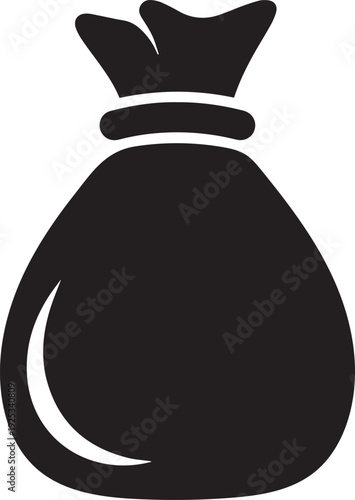 Black money bag with drawstring, symbol of wealth and financial gain icon