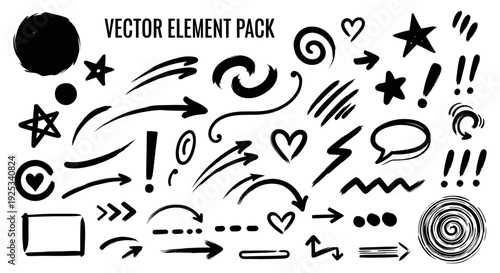 Hand drawn doodle elements set with arrows, hearts, stars, and speech bubbles.