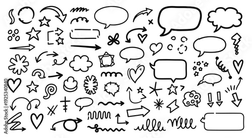 Hand drawn doodle elements set with arrows, hearts, stars, and speech bubbles.