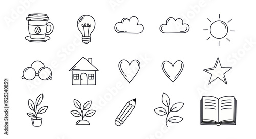 Hand drawn doodle icons set representing various everyday objects and concepts.