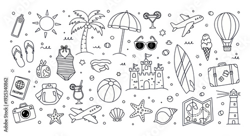 Hand drawn doodle set of summer vacation and travel elements.