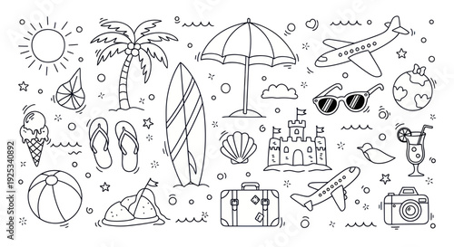 Hand drawn doodle set of summer vacation and travel elements.