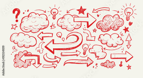 Hand drawn red arrows and thought bubbles doodle set.
